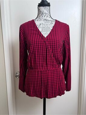 Old Navy Red Black Gingham Plaid Wrap Peplum Blouse Top Small